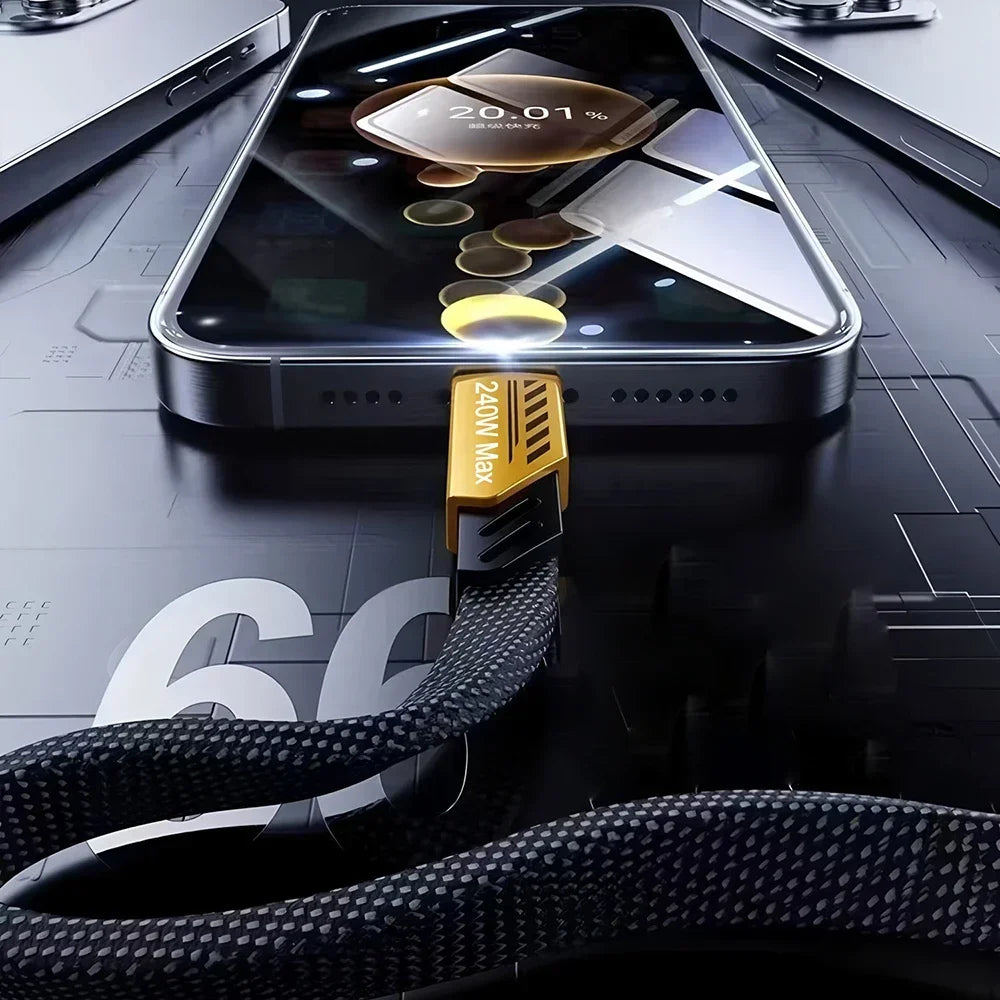 240W 2-in-3 Nylon Braided Multi-Port Fast Charging Cable USB-A + USB-C to USB-C, Lightning & Micro USB