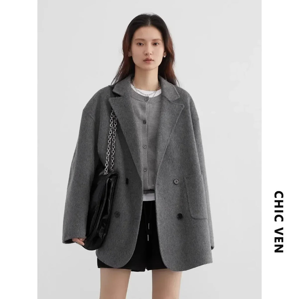 Women's Wool Blend Double-Sided Coat Loose Retro Double-Breasted Office Outerwear for Autumn Winter