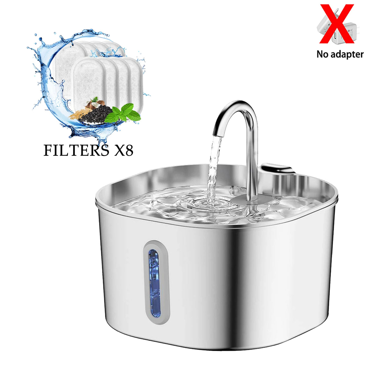 Stainless Steel Pet Water Fountain 2.2L (74.4 fl oz) Ultra-Quiet Pump with Filter, Water-Level Window & LED Light