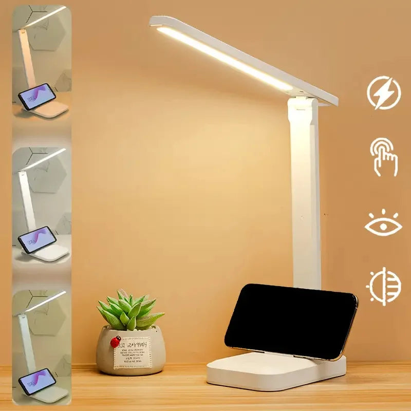 Foldable LED Desk Lamp – Stepless Dimmable Touch Table Lamp, 3 Color Modes, Eye Protection USB Rechargeable Bedside Reading Light