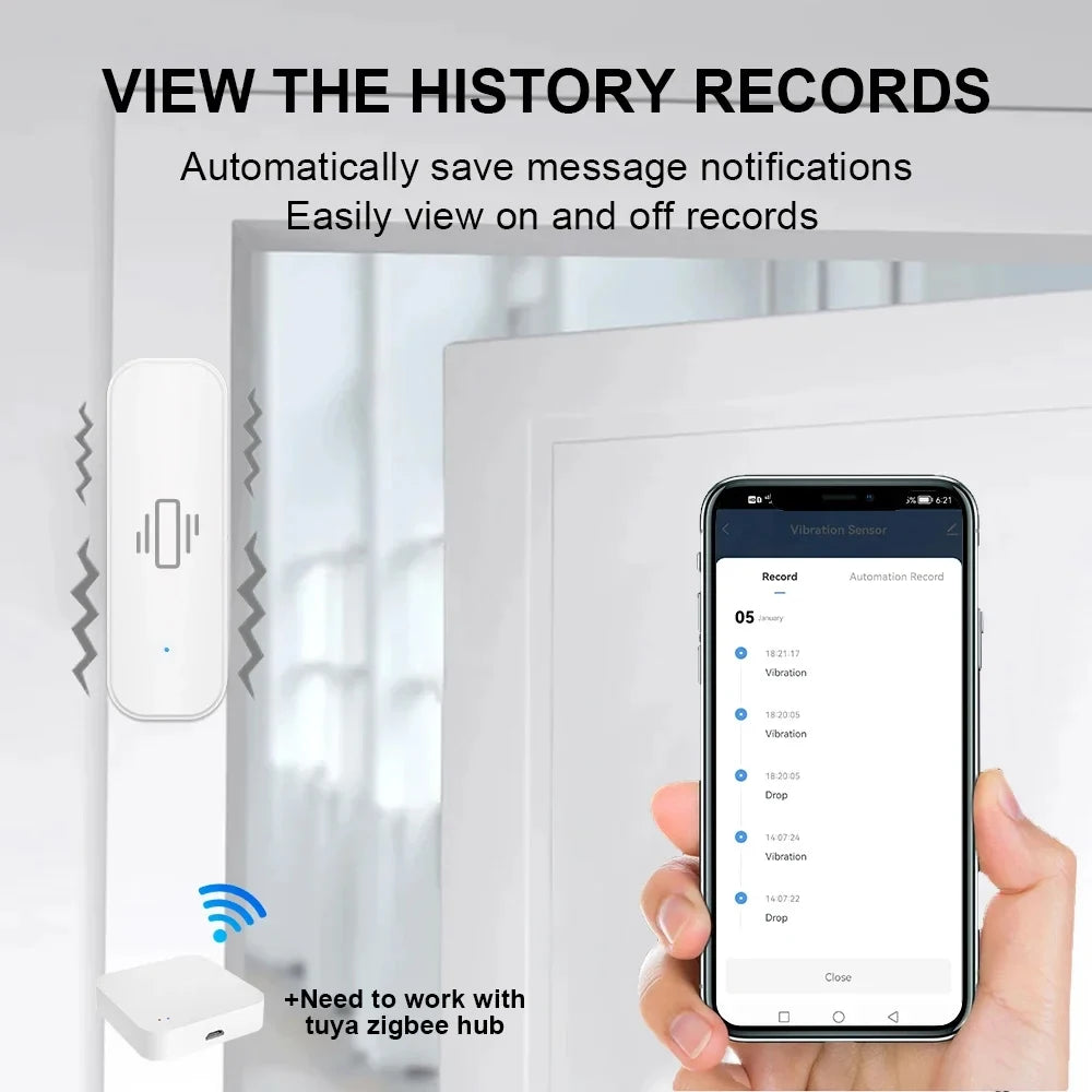Zigbee Smart Vibration & Tilt Sensor - Door/Window Alarm, Real-Time Monitoring for Smart Home Security