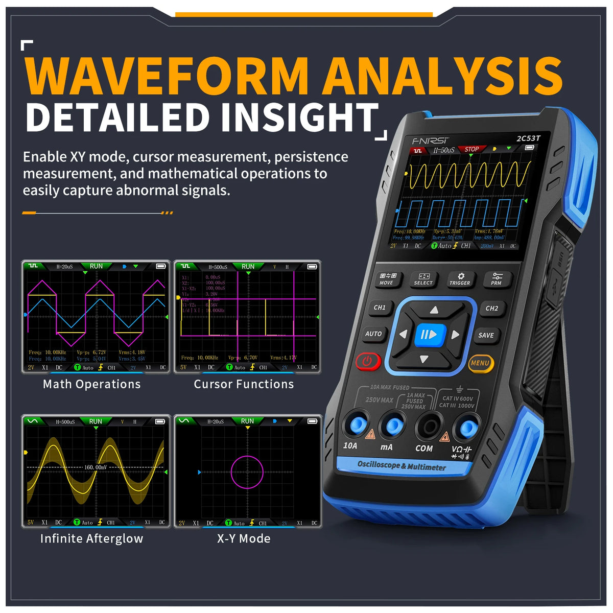 3-in-1 2-Channel Digital Oscilloscope Multimeter & DDS Signal Generator 50 MHz 250MS/s 2.8-inch LCD Portable