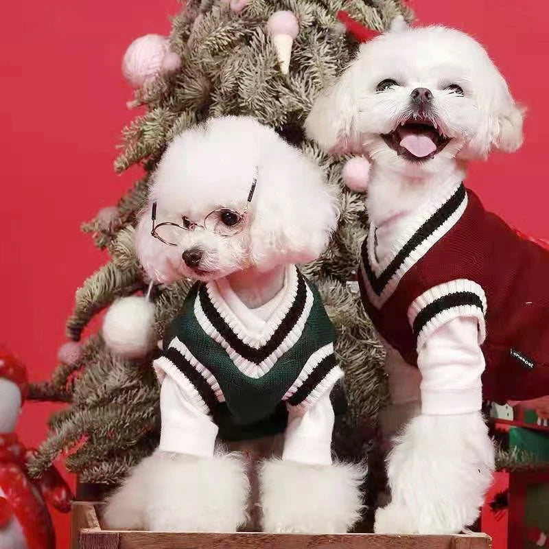 V-Neck Pet Sweater Winter Warm Puppy Vest Knitwear for Small & Medium Dogs & Cats Preppy College Style