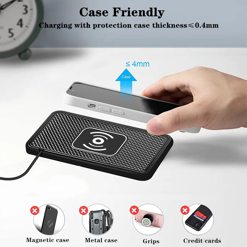 15W Qi Wireless Car Charger Pad – Fast Wireless Charging Silicone Non-Slip Phone Holder for Smartphones