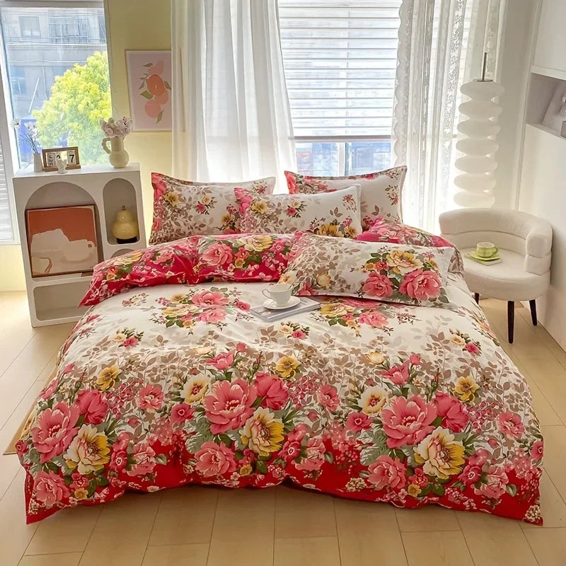 Floral Microfiber Duvet Cover Set with Zipper Closure - 3-Piece Reversible Botanical Print Bedding (1 Duvet Cover, 2 Pillowcases)
