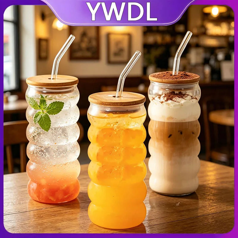 480ml (16.2 fl oz) High Borosilicate Glass Tumbler with Bamboo Lid & Straw Reusable Iced Coffee Cup
