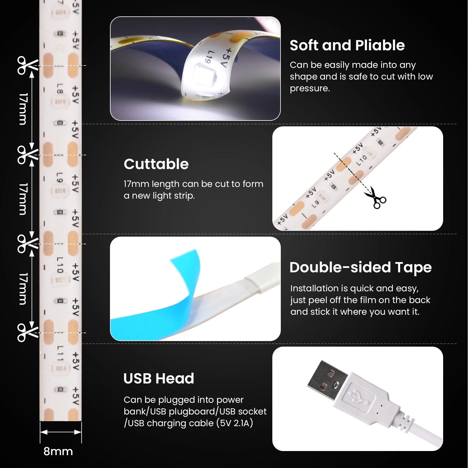 5V USB LED Strip Light 2835 SMD 60 LEDs/m Touch Dimmer Waterproof IP21/IP65 1m 3m 5m