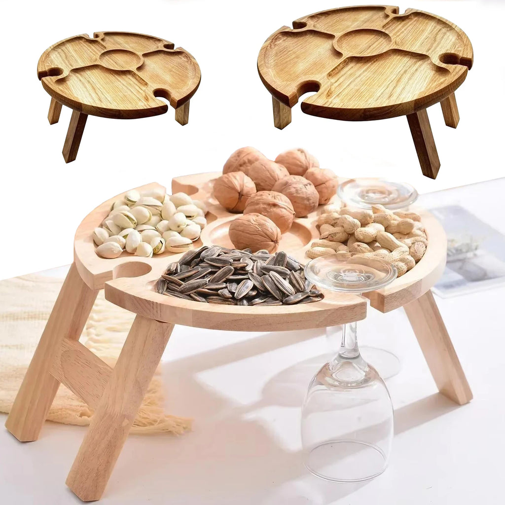 Portable Folding Wooden Picnic Table with Wine Glass Holder, Collapsible Snack Tray & Outdoor Side Table