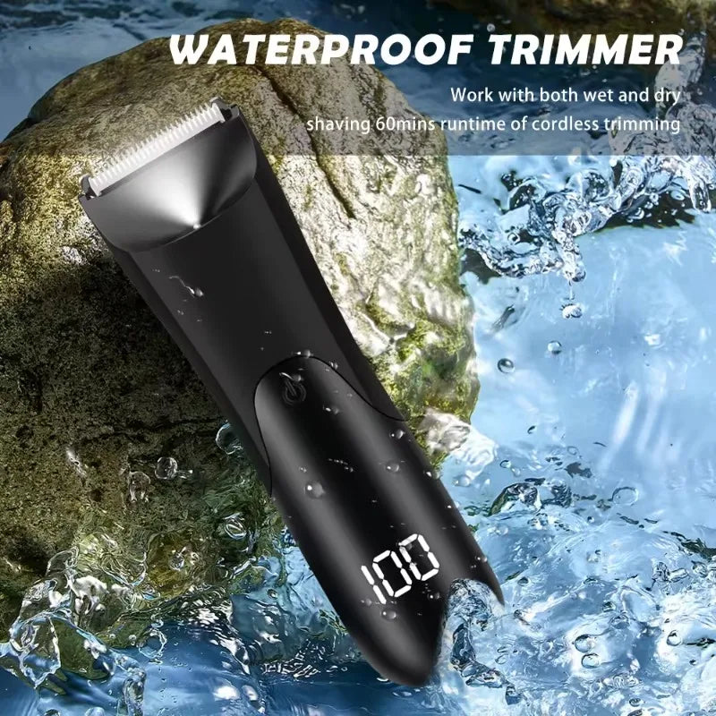 Men's Groin & Body Hair Trimmer Electric Wet and Dry Shaver with Stainless Steel Blade and 2 Guard Combs