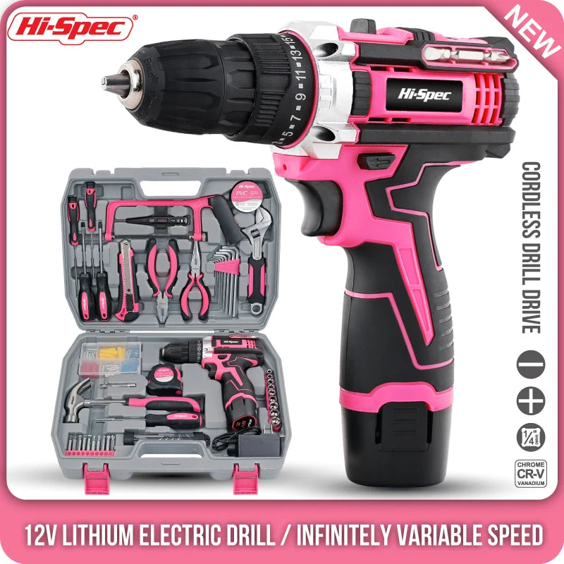 Pink Cordless Electric Screwdriver & Home Repair Tool Kit - Complete Set with Drill Bits, Hammer & Carry Case