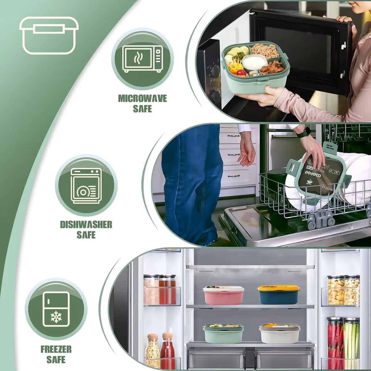 All-in-One Salad Lunch Container 50 fl oz (1.5 L) Stackable Bento Box – 3-Compartment Tray, Leak-Proof Dressing Cup & Reusable Utensils, Dishwasher & Microwave Safe