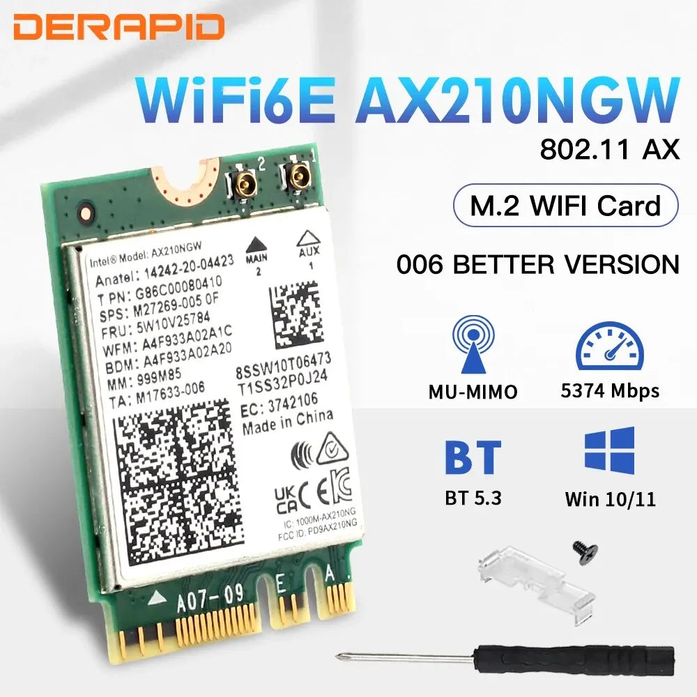 WiFi 6E M.2 NGFF Wireless Adapter with Bluetooth 5.3 – Tri‑Band 2.4/5/6 GHz, Up to 5374 Mbps for Desktop & Laptop (Windows 10/11)