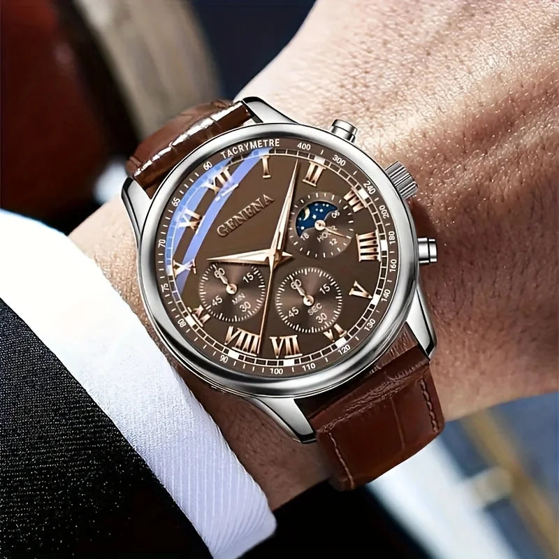 Men's Quartz Leather Strap Watch 40mm Round Alloy Case Roman Numeral Dial Buckle Clasp