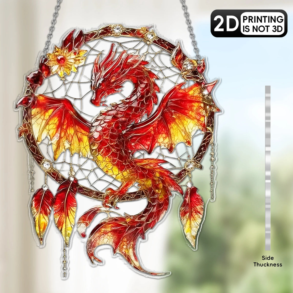 Fantasy Dragon Acrylic Sun Catcher – Green & Red 2D Hanging Window and Door Dreamcatcher Home Decor Gift