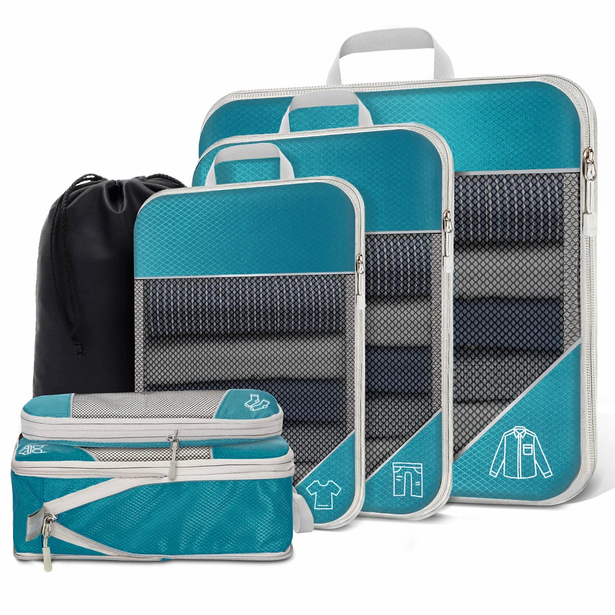 6-Piece Travel Compression Packing Cubes Set with Shoe Bag - Mesh Lightweight Luggage Organizers