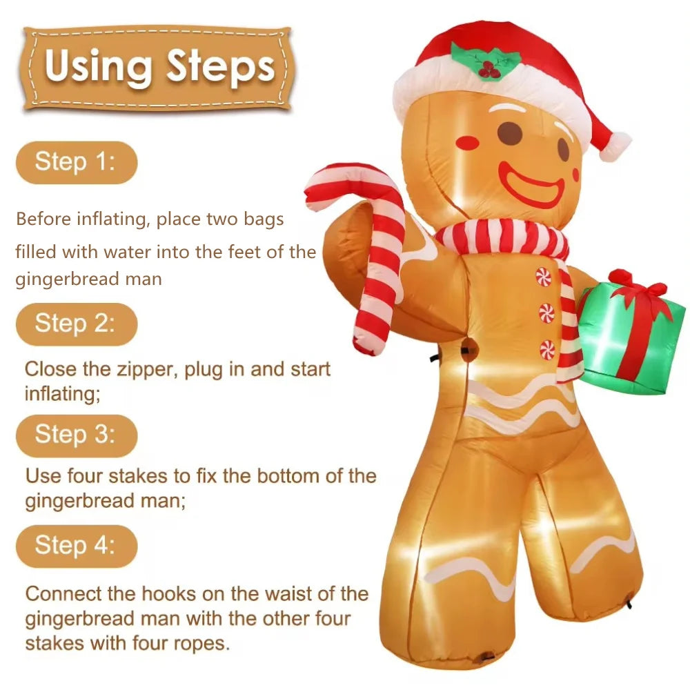 8 ft (2.4 m) Christmas Gingerbread Man Inflatable with LED Lights and Gift Sack - Outdoor Yard Lawn Decoration