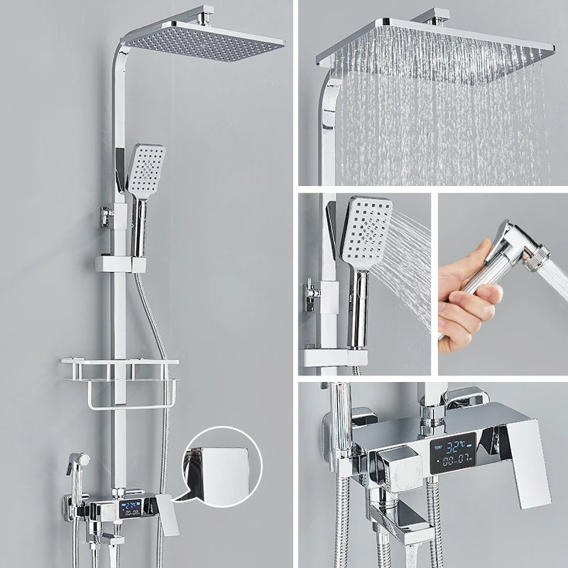 Black Thermostatic Shower Mixer with Digital Display, 4-Way Valve, 8-Inch (20 cm) Rainfall Head & Shelf