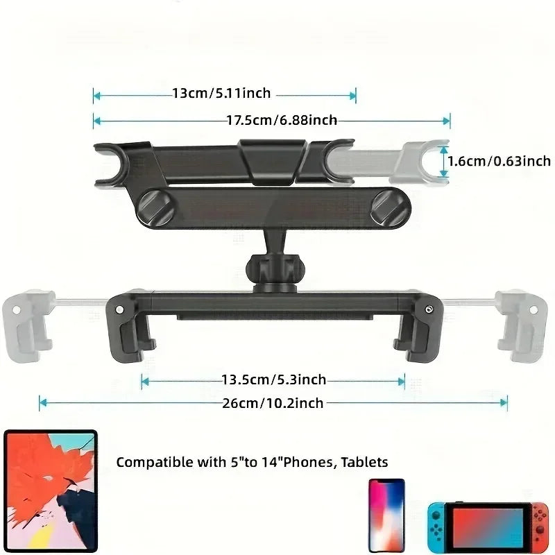 Telescopic Car Headrest Phone & Tablet Holder - Rotating Rear Seat Mount, Fits 5–13 inch (12.7–33 cm) Devices