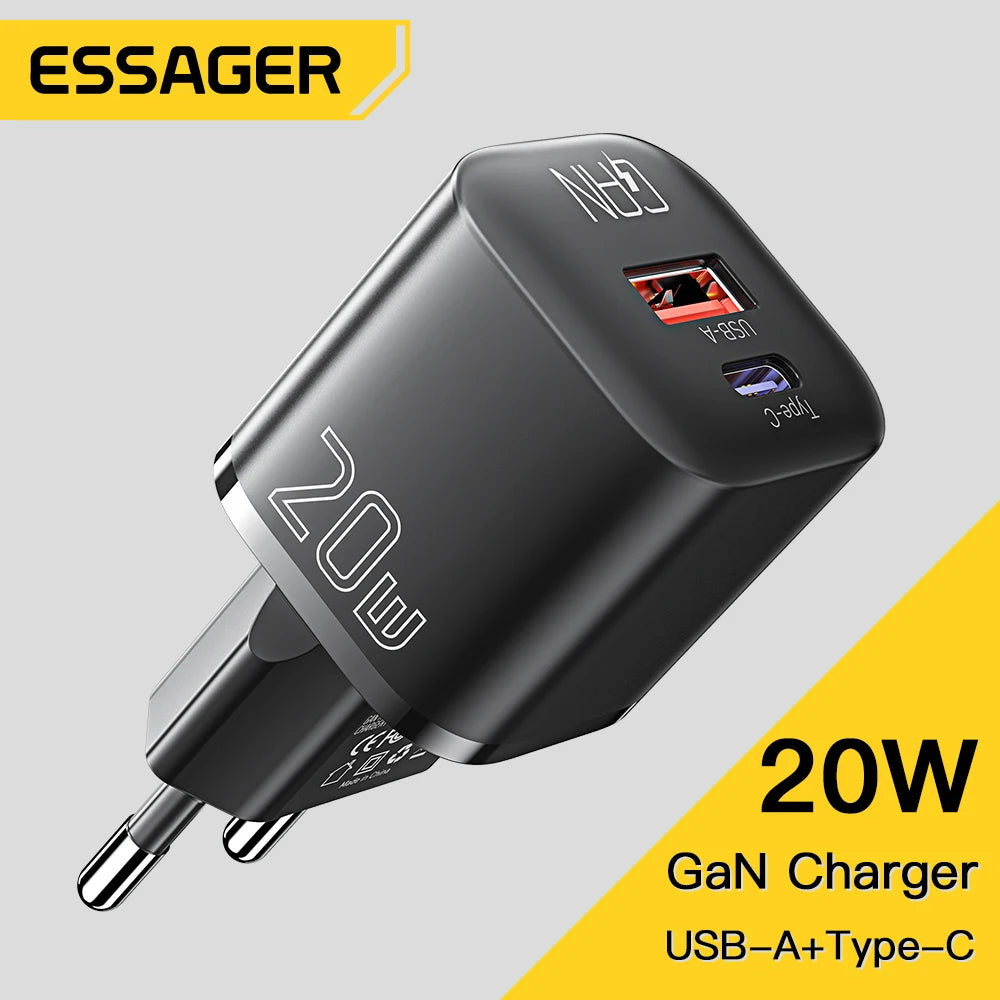 20W GaN USB-C Travel Charger with USB-A & USB-C Ports, USB PD & Quick Charge