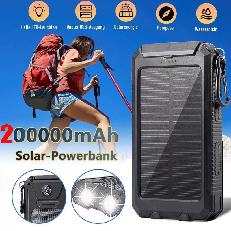200000mAh Waterproof Solar Power Bank 20W Dual USB Portable Charger with LED Display & Flashlight for Camping