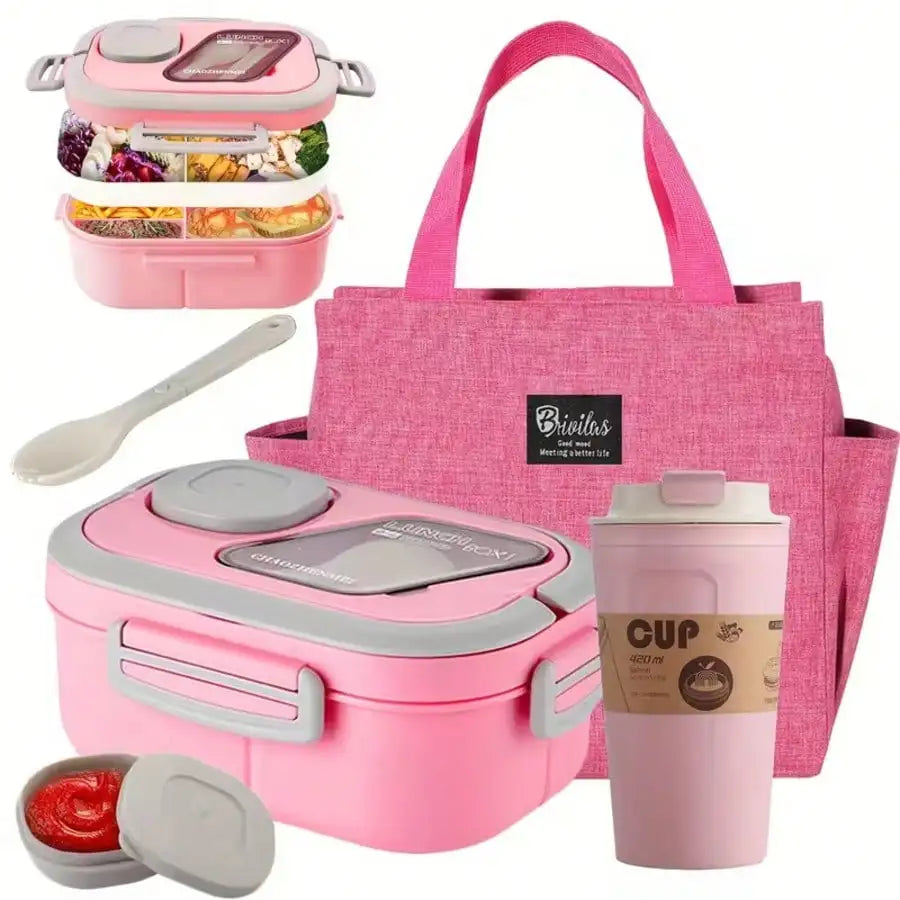 Double-Layer Multi-Compartment Lunch Box Set with Cup & Portable Lunch Bag – Bento Food Storage for School, Office, Picnic