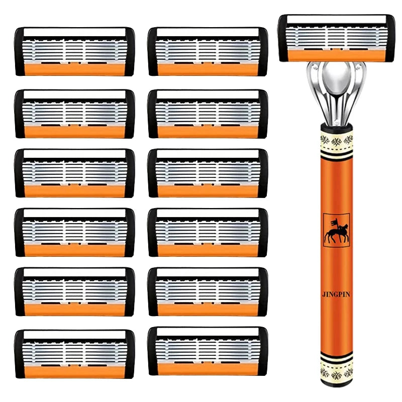 6-Layer Stainless Steel Safety Razor Set for Men - Replaceable Blade Head, Manual Shaving