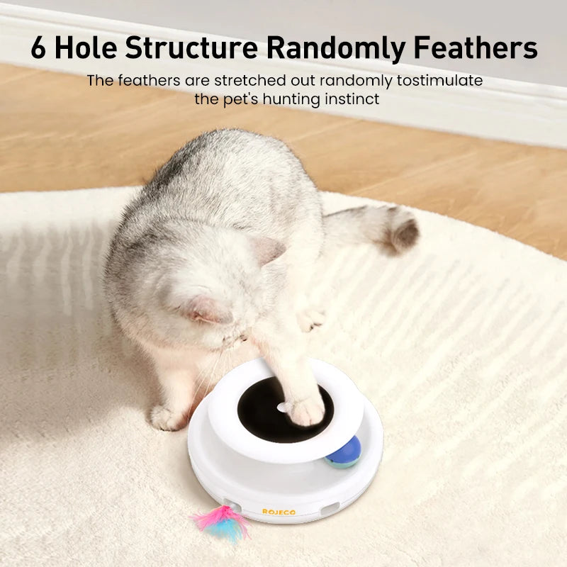 2-in-1 Automatic Interactive Cat Teaser Toy with 5 Modes - Feather Teasers & Fun Balls (Includes 3 Feathers, 2 Balls) - 7.8 x 7.8 x 3.8 in / 198 x 198 x 96 mm