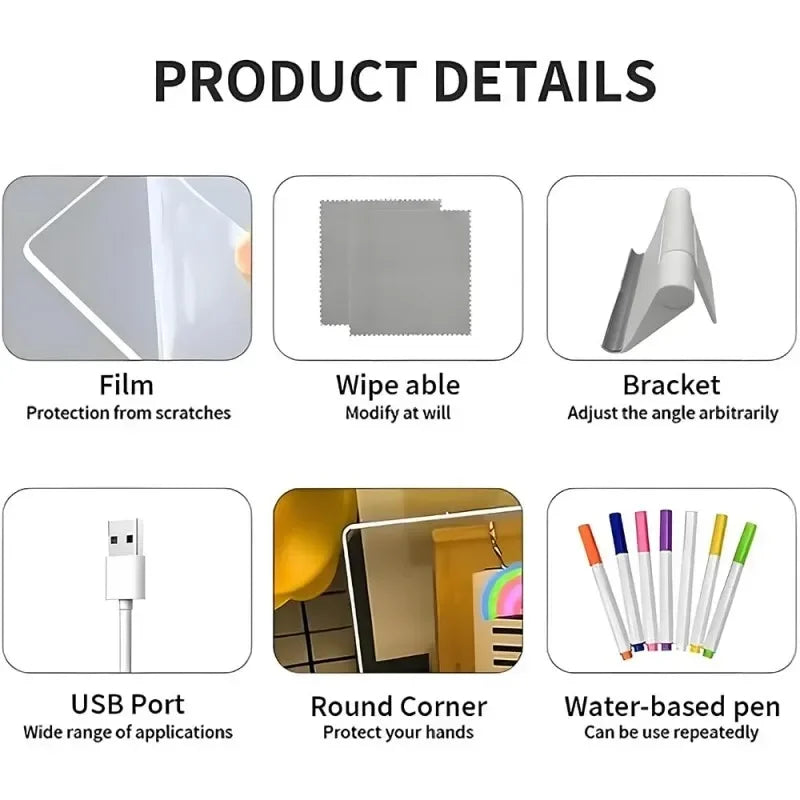 LED Acrylic Message Board — Erasable USB Night Light Drawing Board for Kids, DIY Birthday Gifts & Bar Signs (6.1×6.1 / 8.1×8.1 / 12×8.1 in)