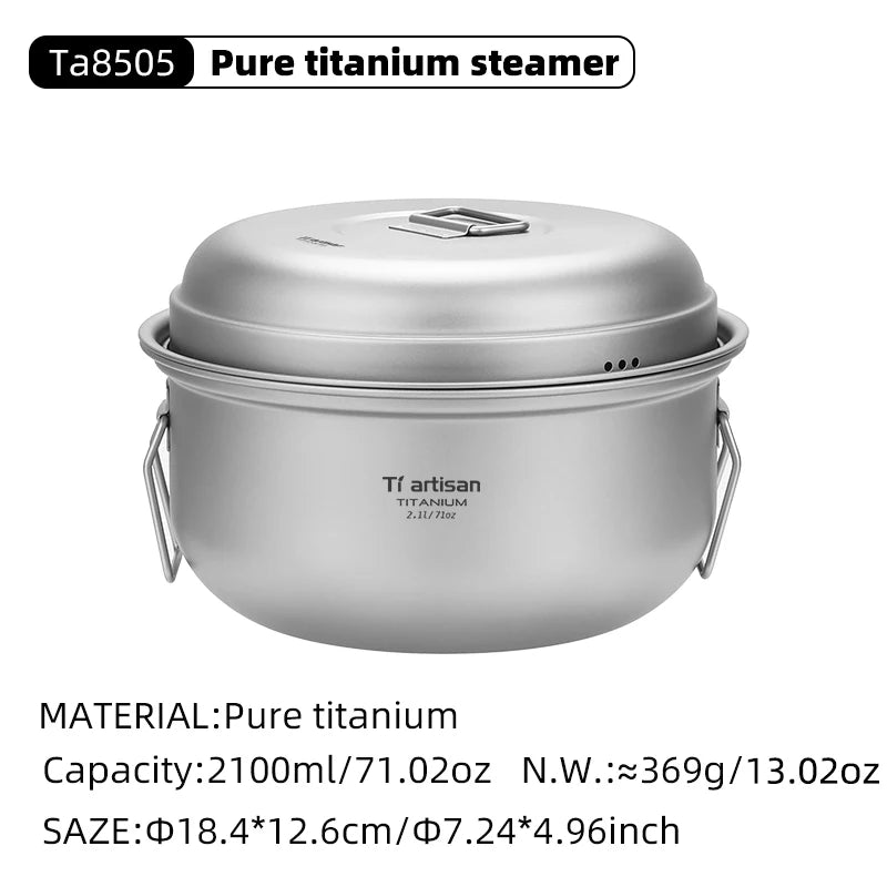Titanium Camping Soup Pot Set 2.1L & 2.8L Lightweight Steamer with Steam Compartment - Multi-Functional Outdoor Cookware