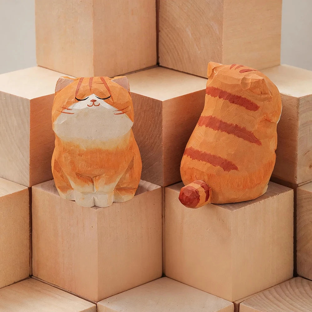Set of 13 Hand-Carved Wooden Cat Figurines – Basswood Kitty Statues for Desk, Shelf, Car & Home Decor