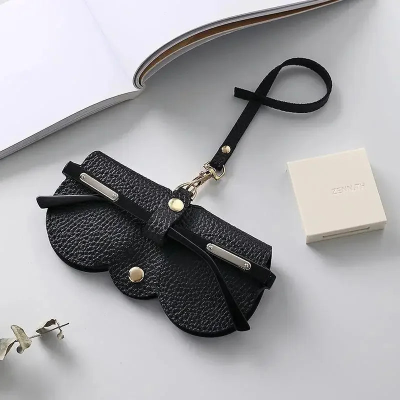 Litchi Embossed PU Leather Sunglasses Case with Hanging Strap Portable Eyewear Pouch for Sunglasses and Reading Glasses