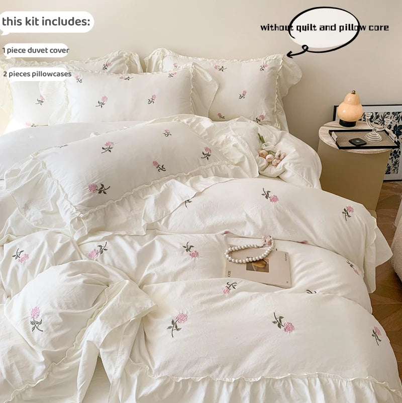 3‑Pc Rose Embroidered Duvet Cover Set with Ruffled Lace Pillowcases — Princess Bedding, Multiple Bed Sizes
