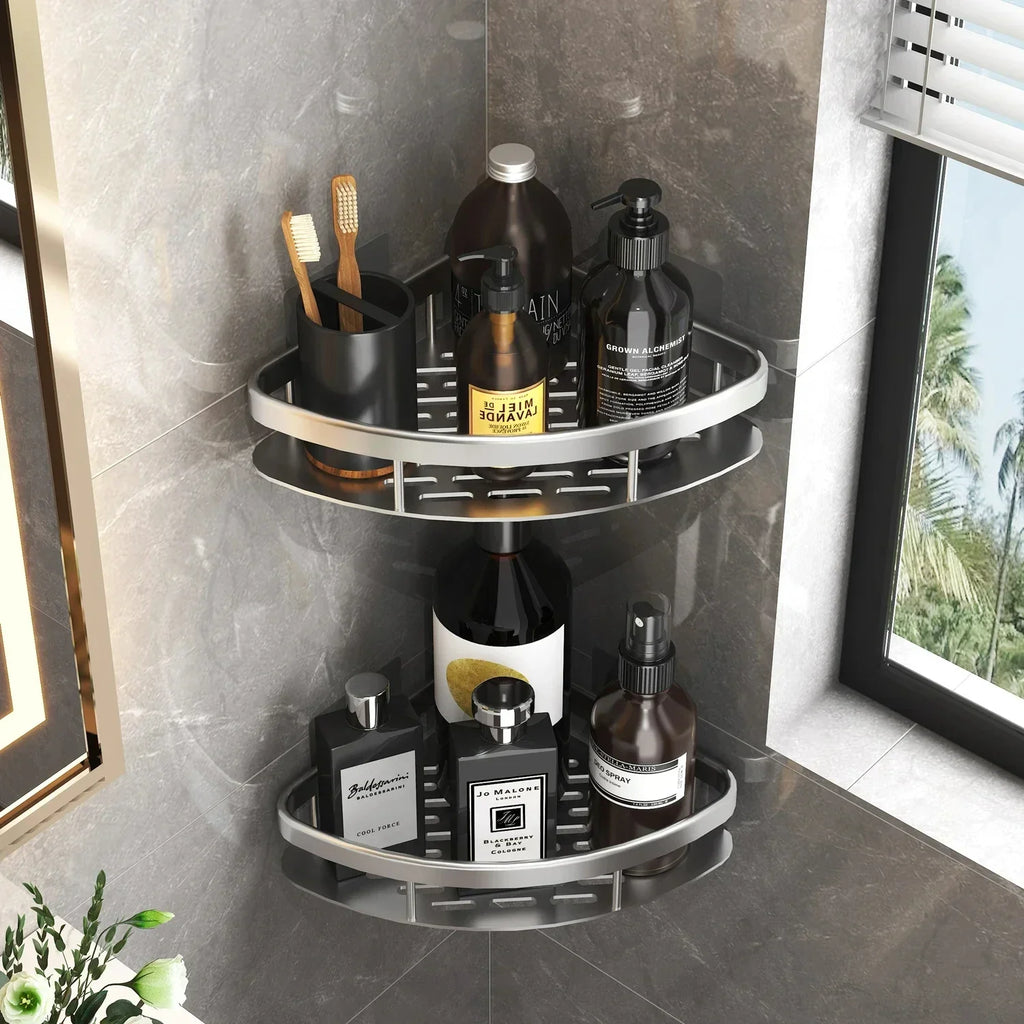 No-Drill Aluminum Alloy Bathroom Shower Shelf Wall-Mounted Shampoo Rack and Kitchen Organizer