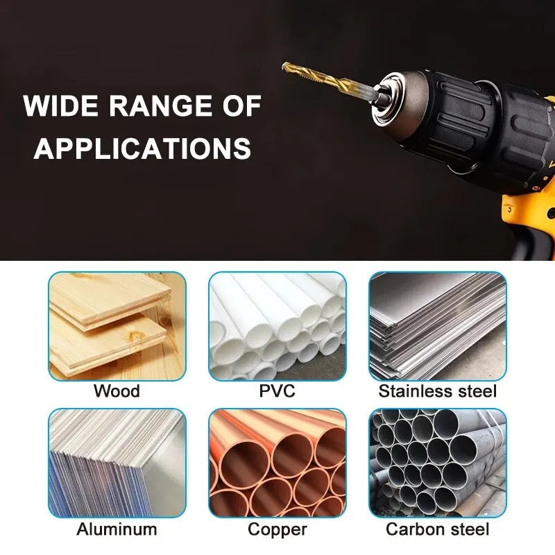 6-Piece HSS 4341 Titanium-Plated Tap and Drill Combo Set Integrated Machine Taps and Chamfer Tools