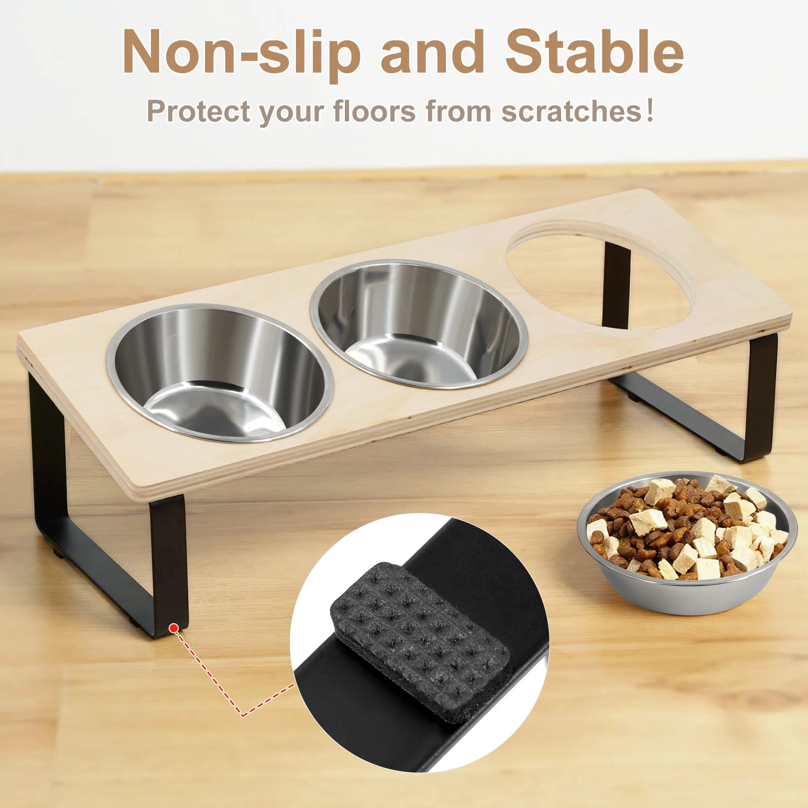 Elevated 15° Tilted Pet Feeder – 3 Stainless Steel Bowls (18 oz / 530 ml) Wooden Stand for Cats & Small Puppies