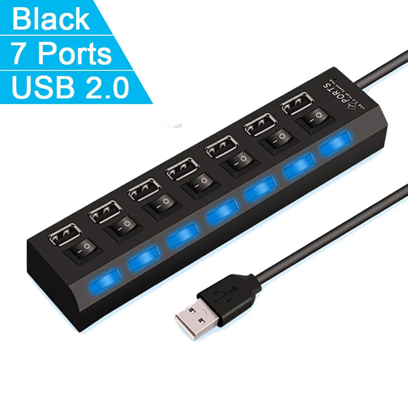 High-Speed USB 2.0 Hub — 4 or 7-Port USB Splitter with Individual On/Off Switches & LED Indicator for PC Laptop