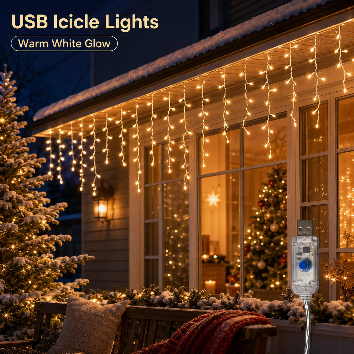 USB LED Icicle Curtain String Lights — 6M (19.7 ft) 100 LED & 10M (32.8 ft) 200 LED, 8 Modes for Window, Porch, Roof, Holiday & Halloween Christmas Decor