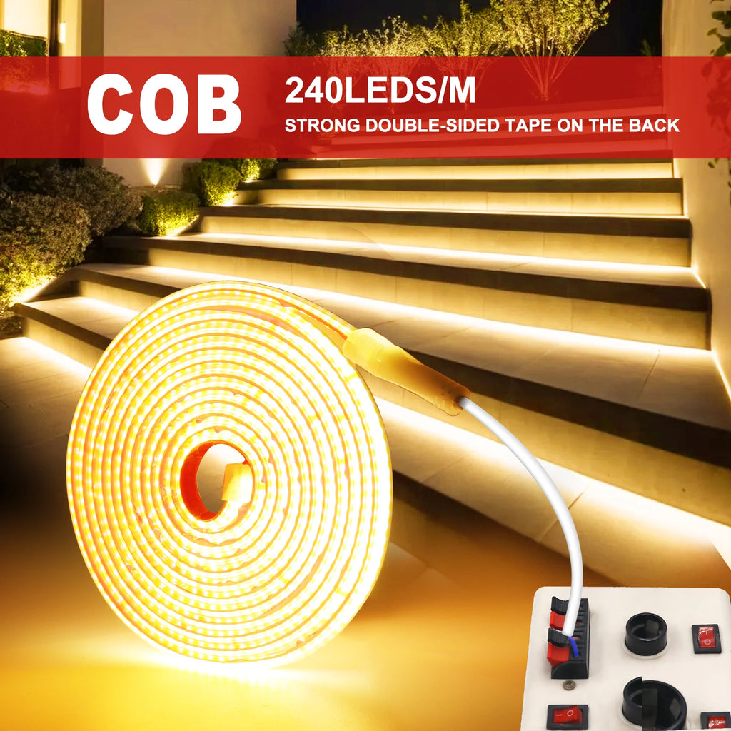 AC 220V COB LED Strip Light — 240 LEDs/m (73 LEDs/ft) IP65 Waterproof, 3000K/4000K/6000K, 10 cm (3.94 in) Cuttable Self-Adhesive Flexible Tape