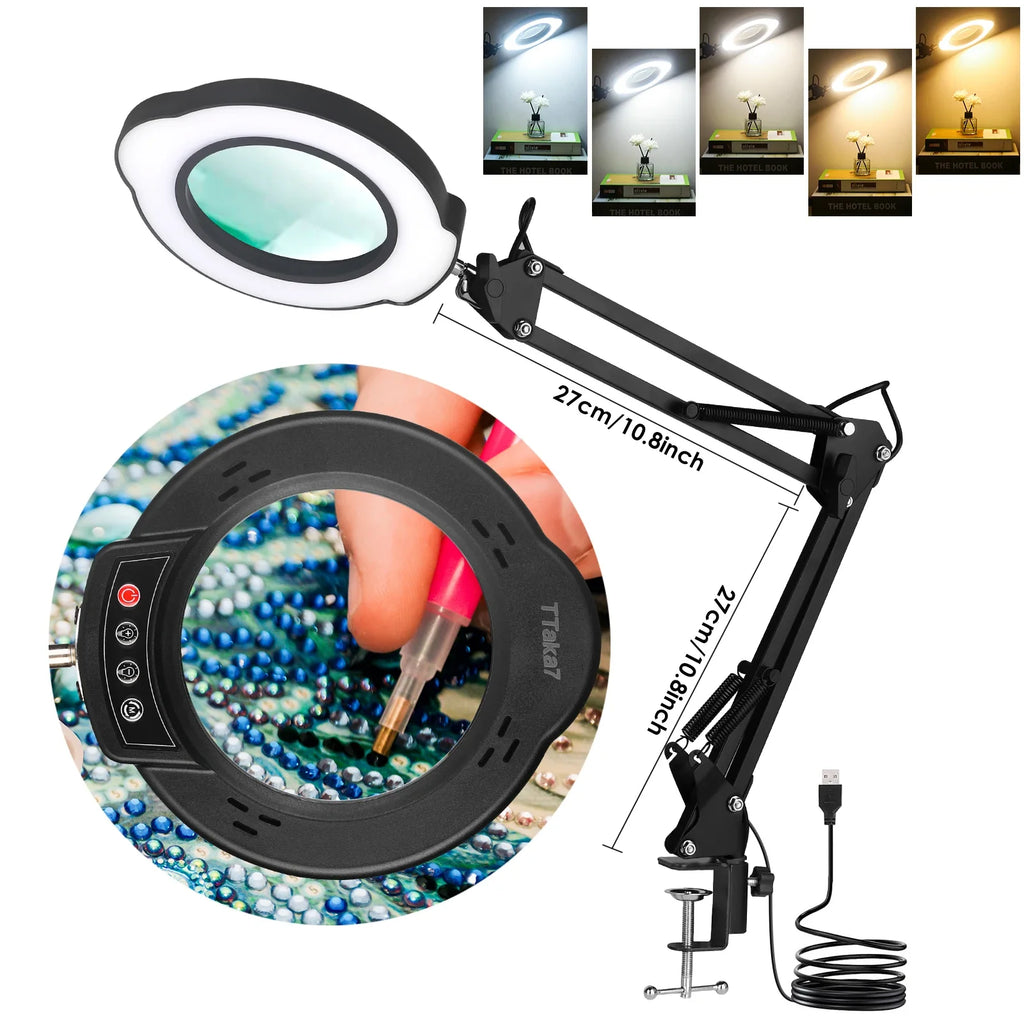 72-LED 8X/10X USB Illuminated Magnifying Lamp — 3-Color Adjustable LED Magnifier with Clamp for Soldering, Crafts, Repair & Skincare