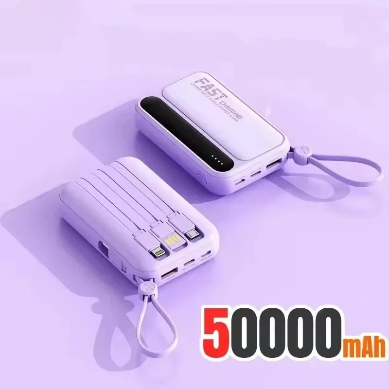Fast Charging 50000mAh Power Bank with 4 Built-in Type-C Cables - 120W Portable Charger for iOS and Android Devices