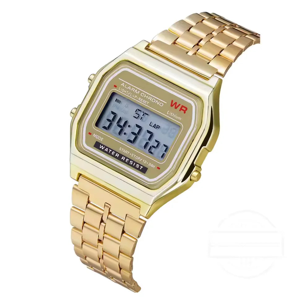 Luxury LED Digital Men's Stainless Steel Gold Watch Fashion Business Electronic Wristwatch