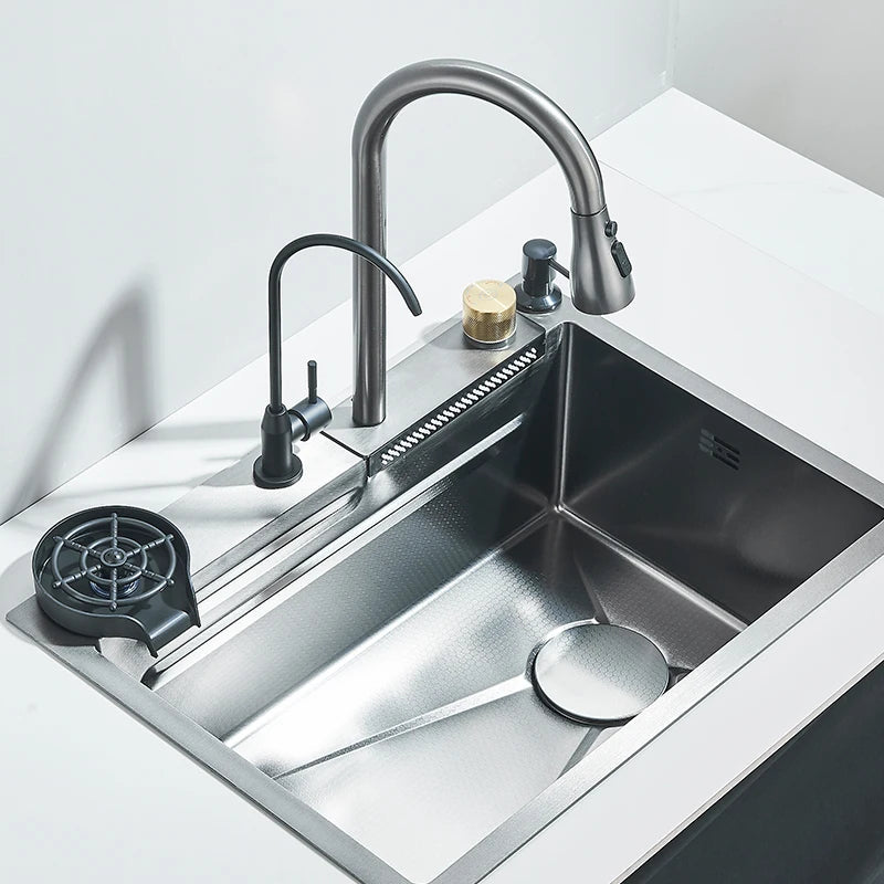 304 Stainless Steel 60 x 45 cm (23.6 x 17.7 in) Single Bowl Kitchen Sink with Waterfall Faucet Set, Soap Dispenser & Filter