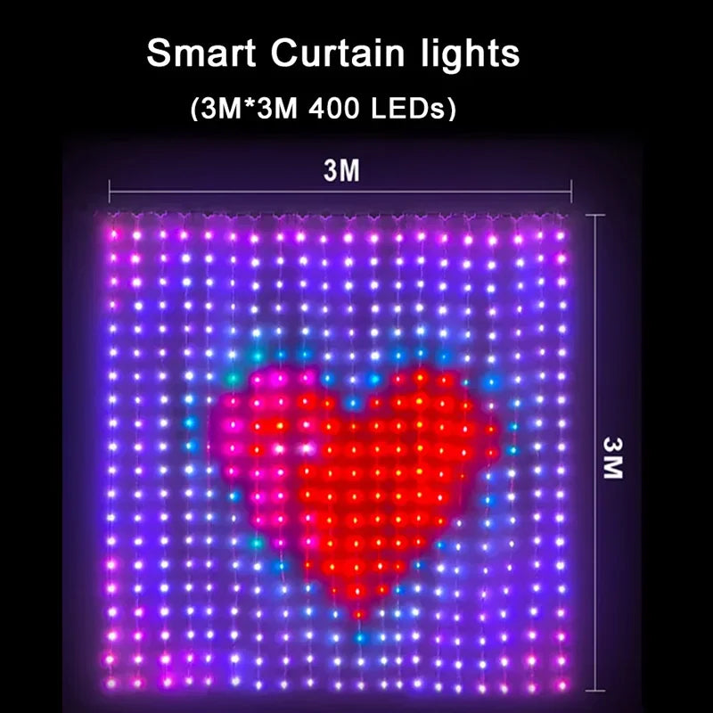 LED Smart Curtain Lights 400-LED RGB Fairy Curtain – App & Music Sync, Remote, IP65 Waterproof (3m×3m / 9.8×9.8ft • 2m×2m / 6.6×6.6ft • 1m×1m / 3.3×3.3ft)
