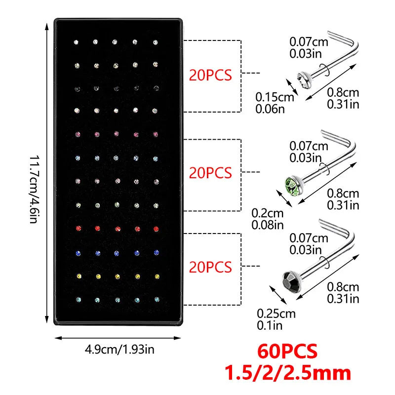40/60-Piece Crystal 316L Stainless Steel Nose Piercing Kit - Straight L Studs & Helix Body Jewelry
