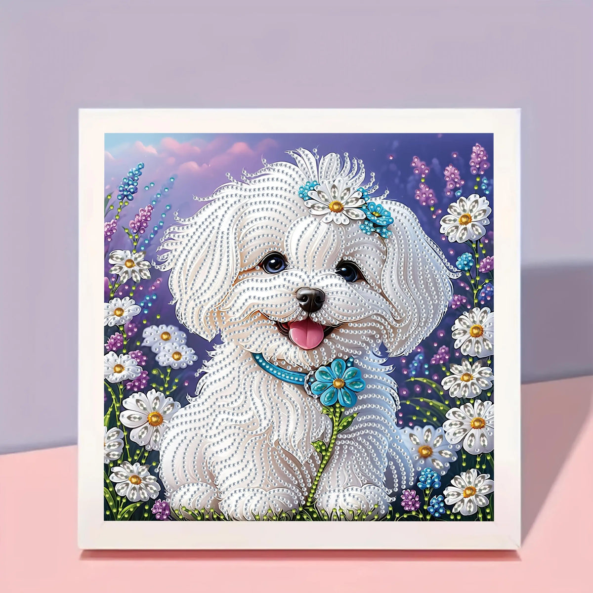 White Puppy with Flowers 5D Diamond Painting Kit view 5