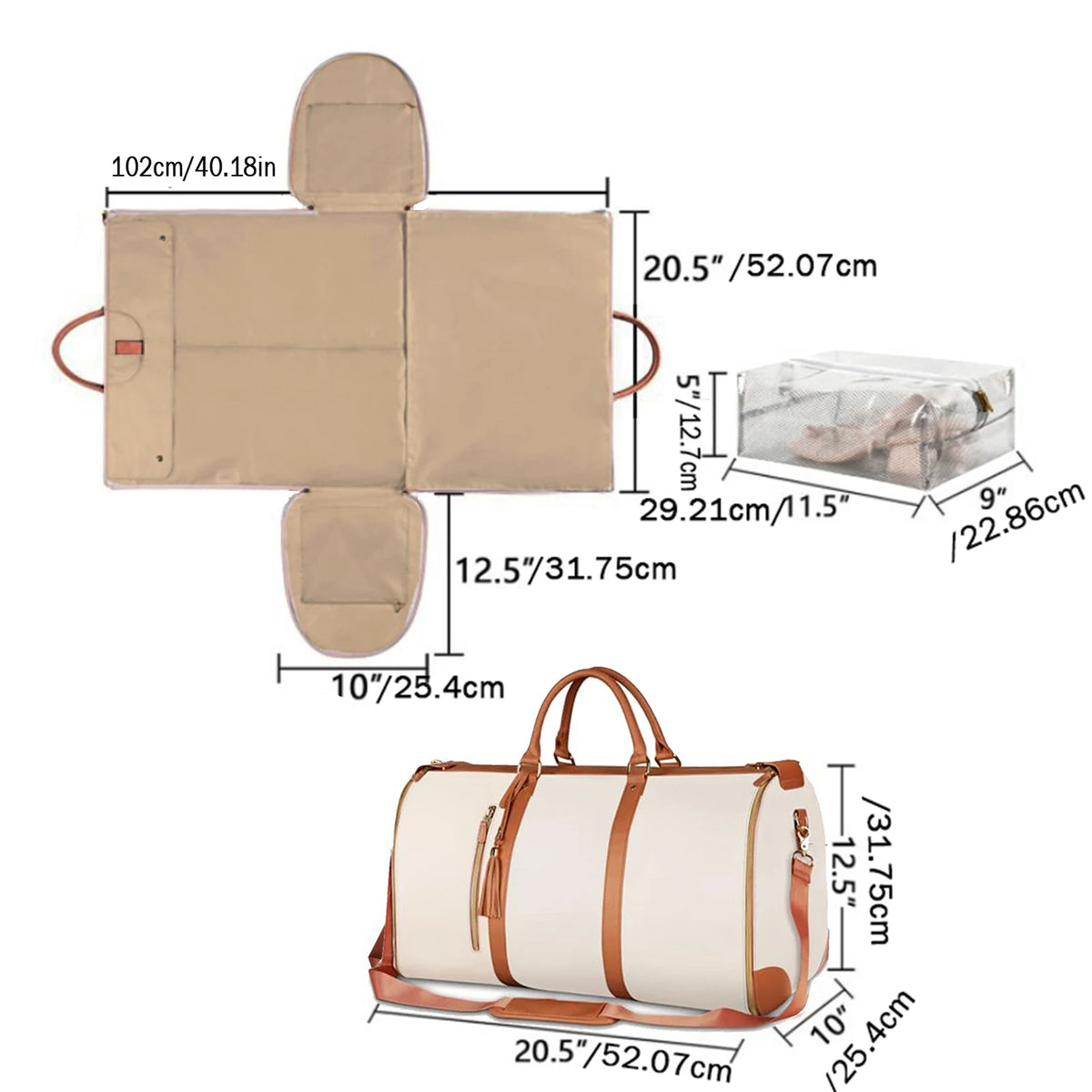 Beige FanzyMarket foldable PU leather carry-on duffel bag, large travel and business weekender bag with spacious interior.