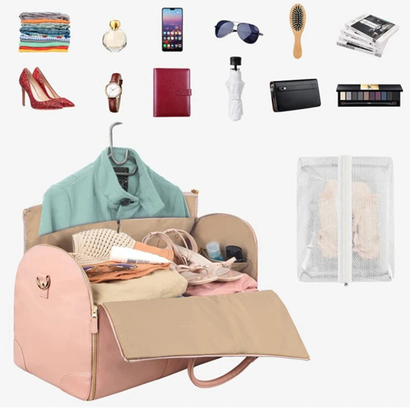 Beige foldable PU leather carry-on duffel bag by FanzyMarket, large travel and business weekender bag with sturdy handles.