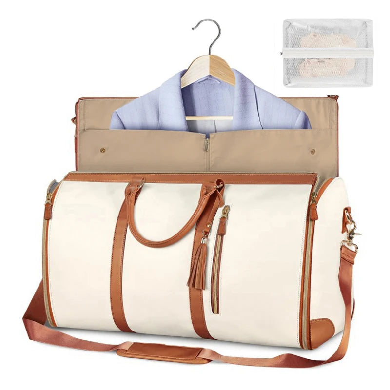 FanzyMarket beige foldable PU leather carry-on duffel bag, large travel and business weekender bag, with handles and zipper closure.