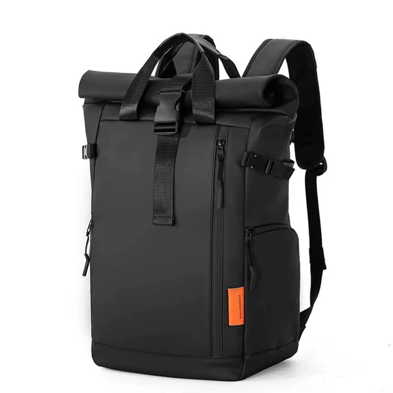 Black men's 15.6-inch waterproof laptop backpack by FanzyMarket, featuring multiple compartments for travel, hiking, and business use.