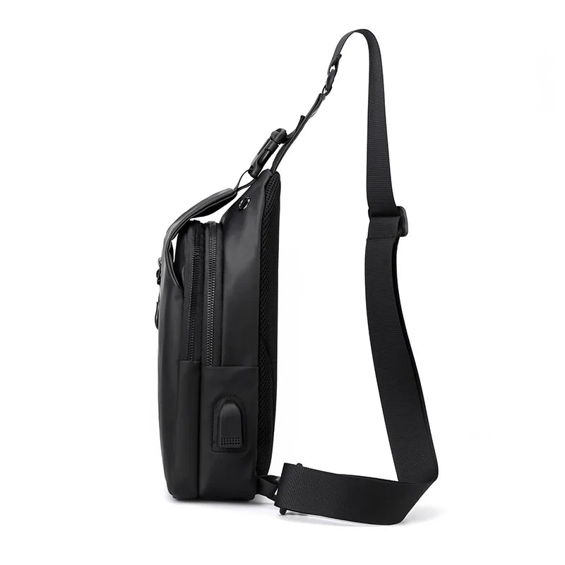 Black men's waterproof crossbody sling bag by FanzyMarket, lightweight with large capacity and single shoulder strap for travel.